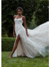 Beaded Spaghetti Straps Ivory 3D Lace Tulle Slit Chic Wedding Dress